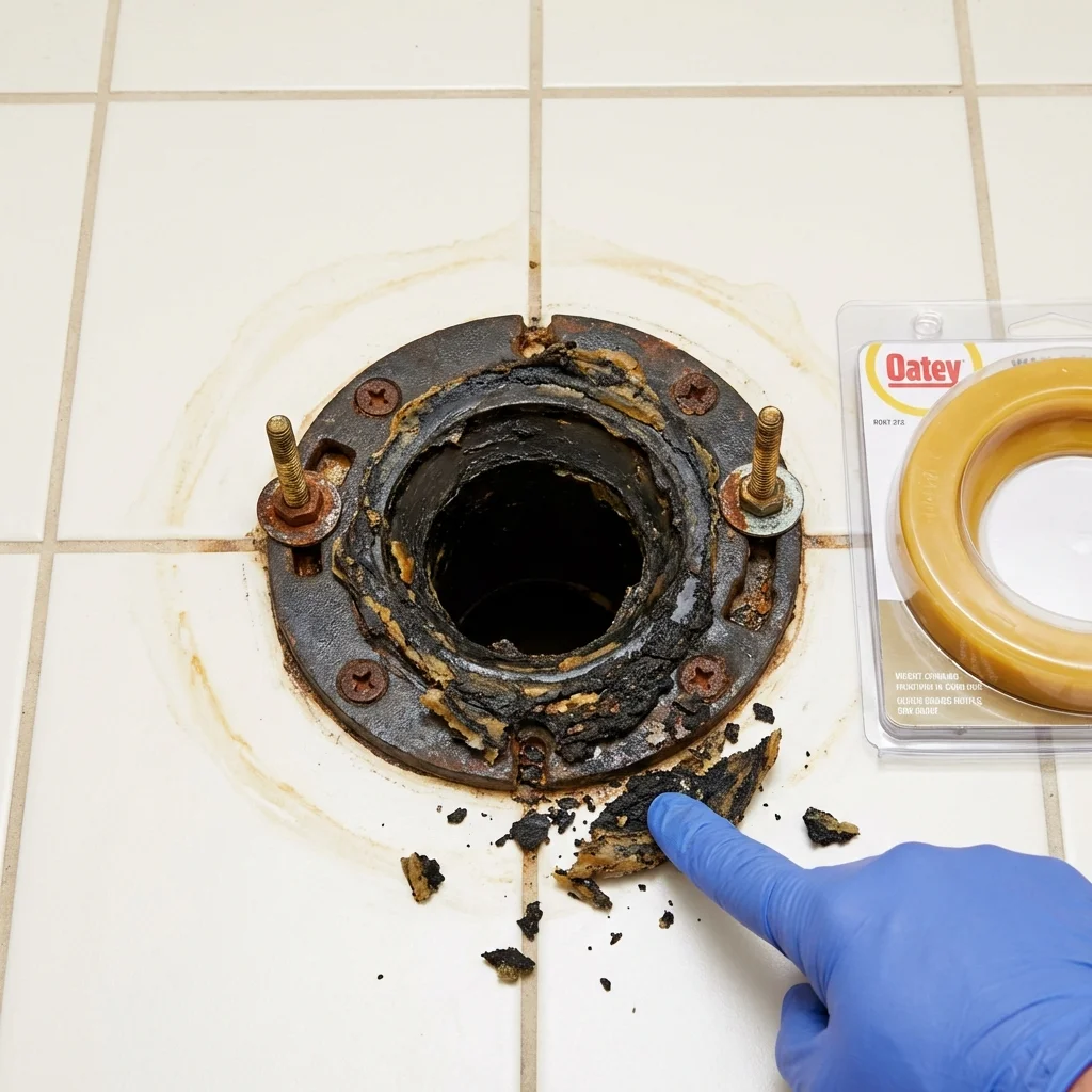 Failed wax ring showing water seepage at the base of a toilet in a Ravenel, SC home