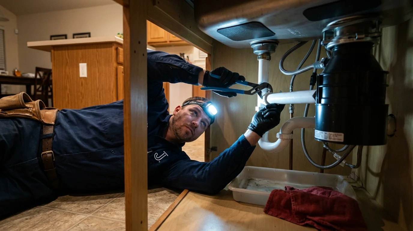 P-trap and supply line connections under a kitchen sink showing a common leak point in Ravenel, SC
